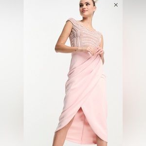 ASOS Pearl embellished off shoulder wrap midi dress in rose